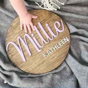 Round circle 3d wood name sign room nursery name sign decor baby shower newborn gift lavender purple white boys girls photo