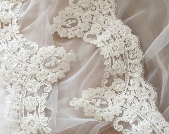 Gorgeous 3D Beaded Lace Trim, Bridal Veil Lace, Wedding Dress Lac Trim, Corded Lace Trim, Tulle Embroidery Lace Trim By The Yard