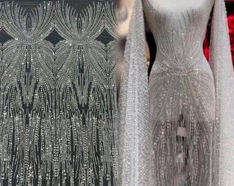 Beaded Embroidery Lace Fabric: Off-White Tulle Wedding Dress Material