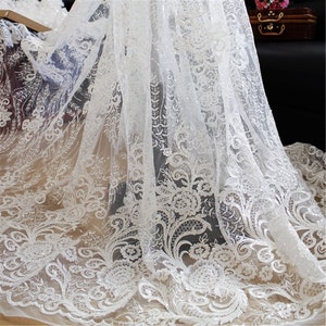 Sequin Floral Lace Fabric: Off-White Tulle Embroidery, Bridal Wedding Dress Lace By The Yard