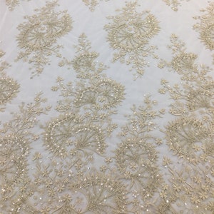 NEW Luxurious Beading Lace Fabric With Squins. Elegent Shinning Fashion Dress Lace Light Champagne Lace Fabric For Evening Dress
