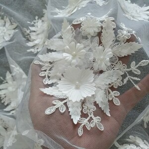 Hand beaded 3D floral lace, wedding dress lace fabric with 3D flowers, soft tulle lace fabric, embroidery bridal lace fabric