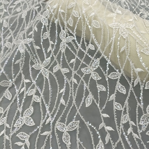 Tulle Embroidered Lace Leaf Lace Fabric, Heavy Beaded Lace Fabric, Bridal Gown Lace Wedding Dress Fabric, Sequin Lace By The Yard
