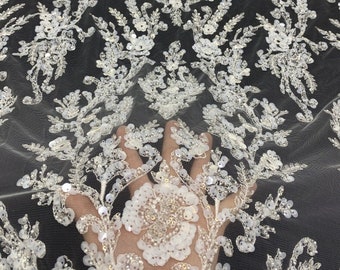 Floral Bead Embroidery Lace Fabric: Off-White Bridal Couture, 51 Inch