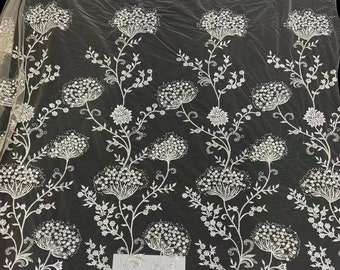 Floral Beaded Embroidery Lace Fabric: Off-White Bridal Dress Lace By The Yard