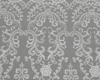 Tela de encaje con lentejuelas y cuentas: tul de novia blanco roto, perlas cortadas a medida