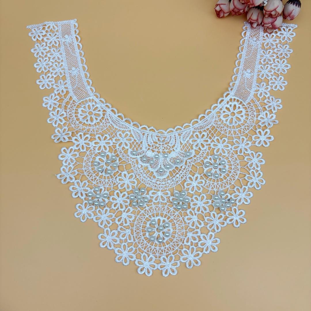 Embroidered Floral Lace Collar Applique: Pearl Neckline Trim by 1