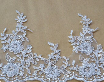 Pearl Beaded Lace Trim: Off-White Alencon Scalloped Edge, 6.3"