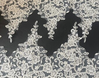 Off White Corded Rayon Lace Trim, Bridal Veil Fabric, 10.4" Wide, By The Yard