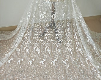 Elegant Sequins Embroidery Lace Fabric: Off-White Bridal Dress Veil Tulle - By The Yard