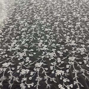 Sequin Floral Embroidery Lace Fabric: Bridal Wedding Dress Tulle, Off-White - By The Yard