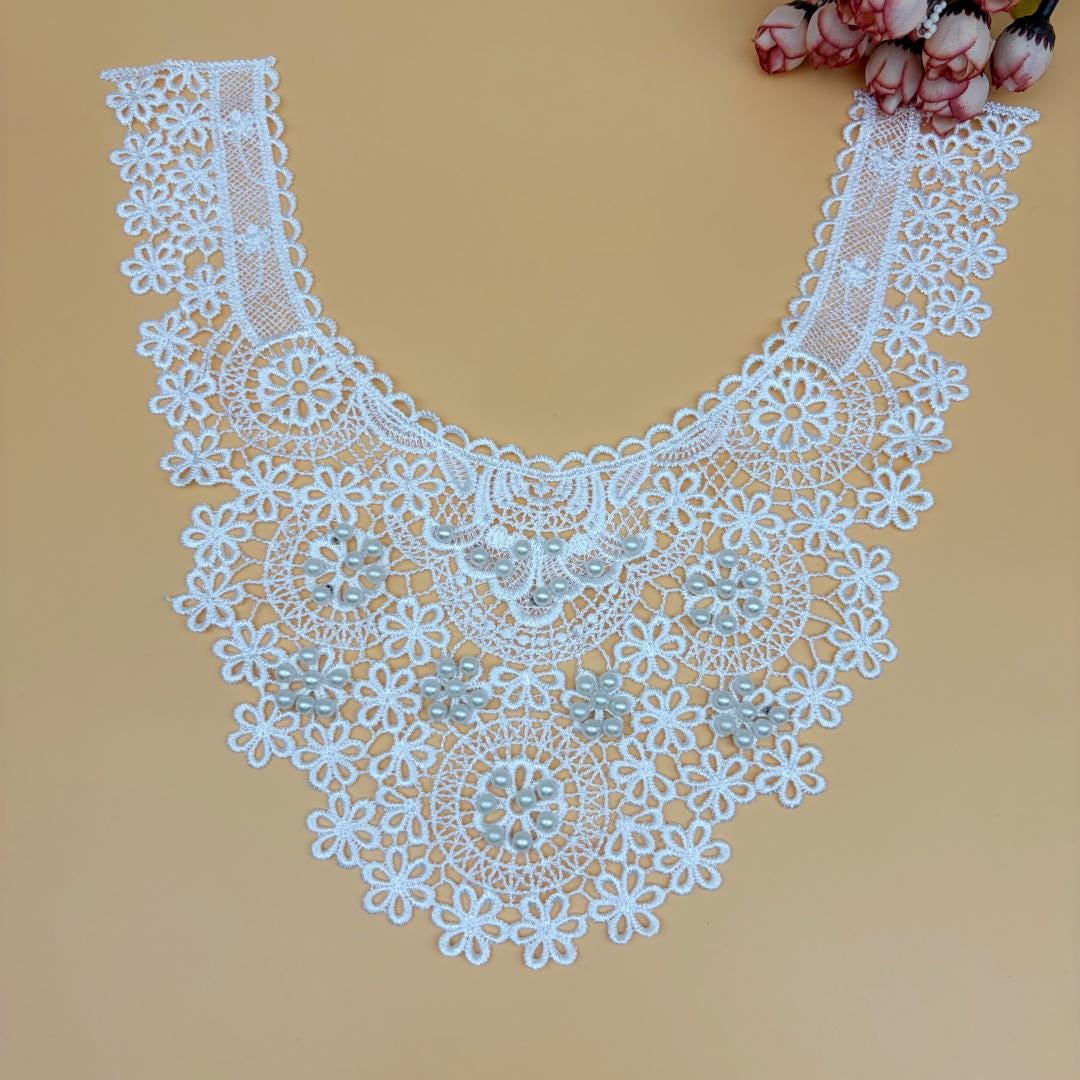Embroidered Floral Lace Collar Applique: Pearl Neckline Trim by 1