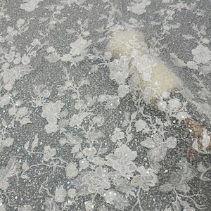 Floral Beaded Sequin Lace Fabric: Off-White Tulle Embroidery Bridal Gown