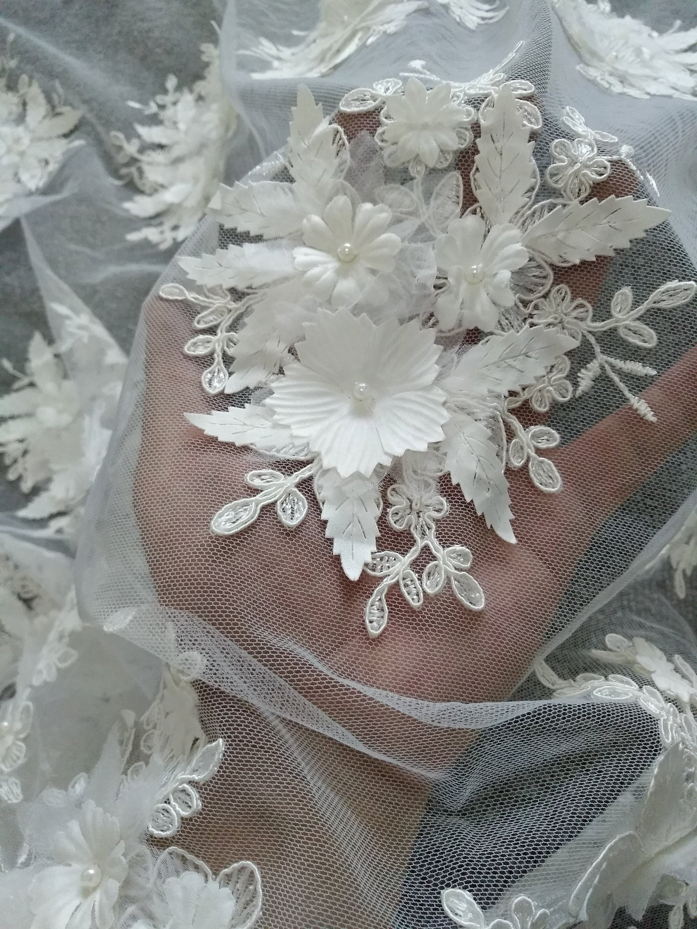 Hand Beaded 3D Floral Lace Fabric: Soft Tulle Embroidery Bridal Lace