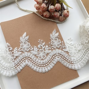 Elegante ribete de encaje floral en blanco roto: encaje de rayón para vestido de novia (5,5 pulgadas)