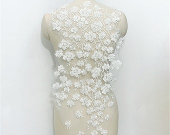 3D Floral Embroidery Lace Applique: Off-White Tulle Wedding Dress Bodice (31.10 x 12.20 inches)