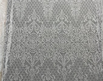 Off White Beaded Lace Fabric: Handmade Wedding/Evening Dress Material (51'' Width)