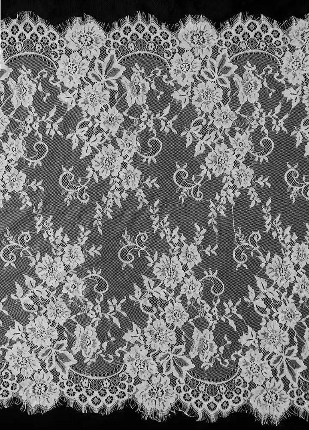 Off White Chantilly French Lace Fabric – Soft Floral Eyelash Scalloped – Sold By The Yard