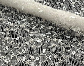 Beaded Embroidery Lace Fabric: Off-White Bridal Wedding Couture