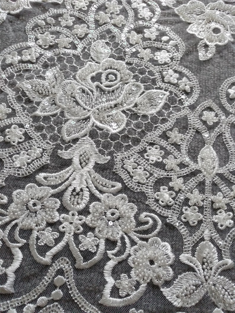 New Style beaded lace fabric with sequins on mesh embroidery vintage style bridal lace fabric