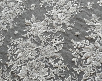 Ivory Beaded Lace Fabric: Handmade Wedding Dress Material (51'' Width)