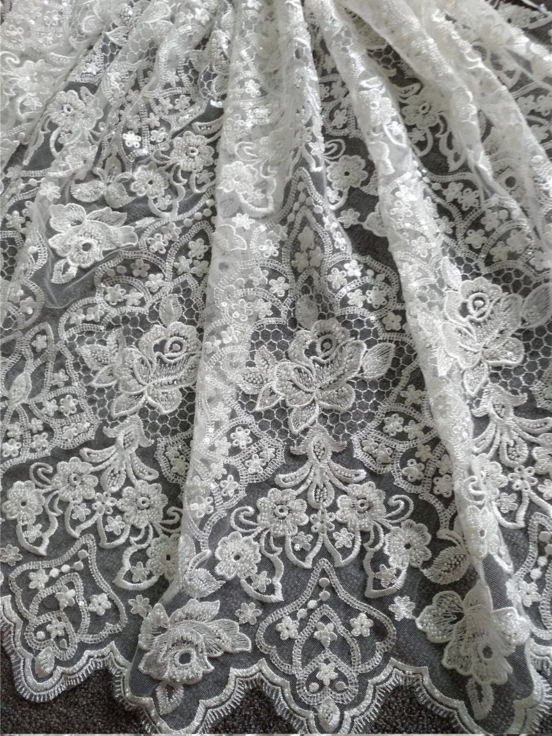 New Style beaded lace fabric with sequins on mesh embroidery vintage style bridal lace fabric