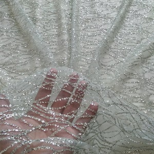 Glitter Embroidery Lace Fabric: Silver & Off White Tulle, Couture Wedding Dress Lace By The Yard