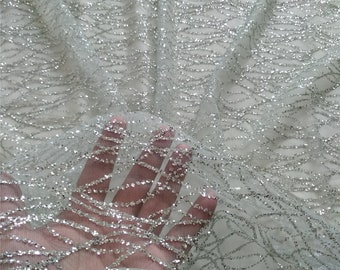 Glitter Embroidery Lace Fabric: Silver & Off White Tulle, Couture Wedding Dress Lace By The Yard