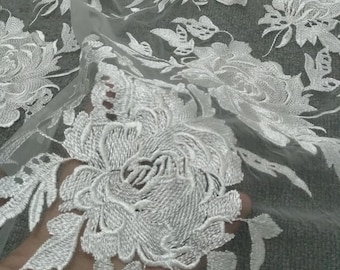Embroidered Floral Lace Fabric: Off-White Bridal Wedding Gown Tulle