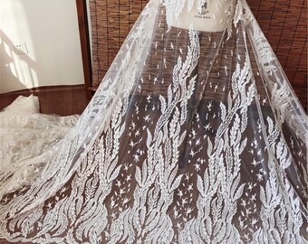 Elegant Embroidered Lace Fabric: Off-White Sequins, Bridal Wedding Gown Tulle - By The Yard