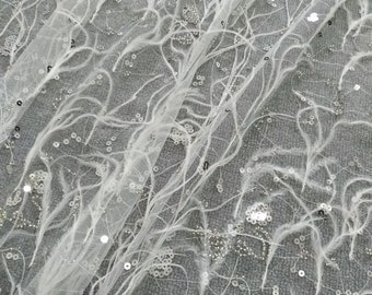 3D Flower Lace Fabric: Beaded Pearl Applique with Feathers