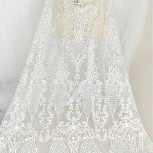 Embroidered Tulle Lace Fabric: Off-White Floral Wedding Dress Lace By The Yard