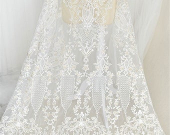 Embroidered Tulle Lace Fabric: Off-White Floral Wedding Dress Lace By The Yard