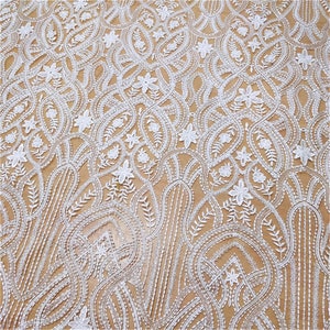 Sequin Flower Lace Fabric: Off-White Tulle Embroidery, Bridal Gown Lace By The Yard