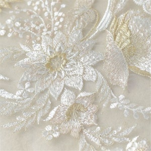Beautiful Floral Lace Fabric, Sequin Embroidery Lace Fabric for Wedding Dress, Bridal Veil,Gold and Off White Thread Mix Lace Fabric