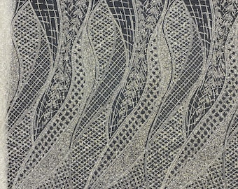Geometric Beaded Lace Fabric: Couture Bridal Dress Embroidery, Off-White By The Yard