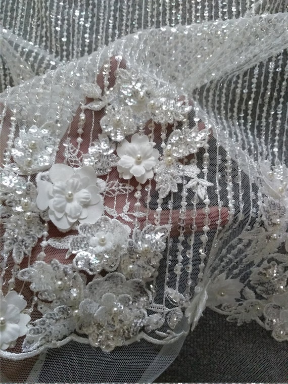 2019 Newest Bridal Lace Fabric Hand Embroidered Flower 3D Pearls Lace Fabric Veil Mesh Lace Fabric For Wedding Dress By The Yard
