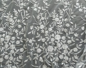 Embroidered Sequin Lace Fabric: Off White Floral Tulle, Bridal Wedding Dress