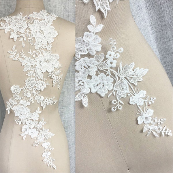 Gorgeous Flower Lace Applique, Bridal Bodice Sequin  Lace Applique, Wedding Dress Applique, Tulle Embroidery Lace Applique By The Piece