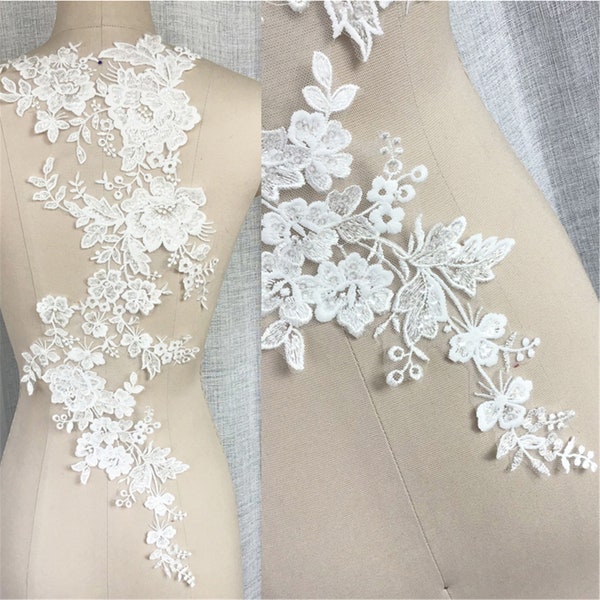 Sequin Flower Lace Applique: Bridal Bodice Embroidery (22.83 x 9.05 inches)  By Piece