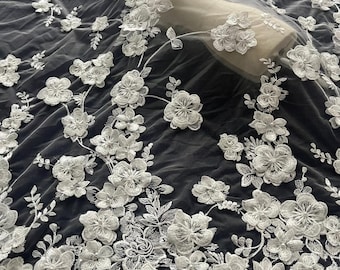Light Ivory 3D Beaded Floral Lace Fabric: Wedding Dress Tulle By The Yard