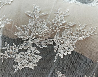 Beaded Floral Lace Fabric: Off-White Embroidered Sequin Alencon Lace