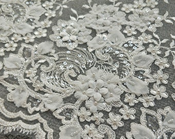 3D Flower Embroidery Lace Fabric: Beaded Bridal Mesh, 51" Wide