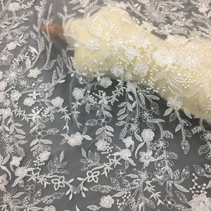 Elegant Floral Lace Fabric for Wedding Dress, 3D Beaded Lace Fabric, Bridal Gown Lace, Sequin Lace Tulle Embroidery Lace Fabric By The Yard
