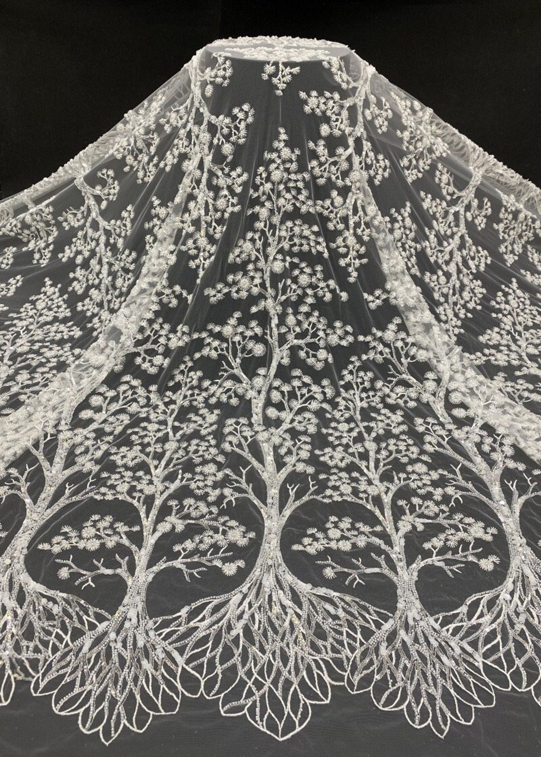 3D Petal & Beaded Floral Mesh Lace with Scattered Sequins – Luxury Bridal & Evening Fabric
