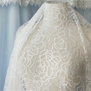 Elegant Floral Lace Fabric, Bridal Veil Lace Fabric, Wedding Dress Fabric, Tulle Sequin Lace Fabric By The Yard