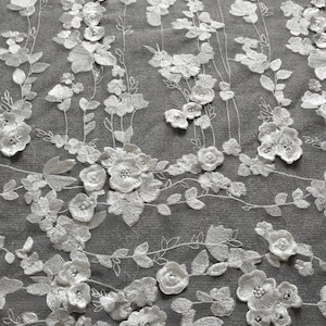 3D Flower Embroidery Lace Fabric: Off-White Bridal Tulle By The Yard