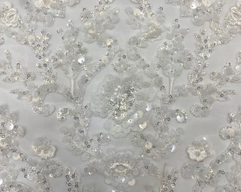 Floral Bead Embroidery Lace Fabric: Off-White Bridal Couture, 51 Inch