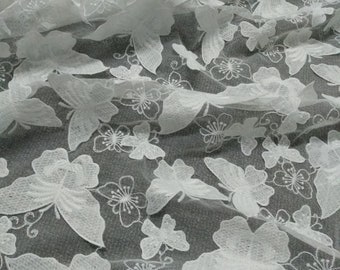 Tessuto in pizzo a farfalla 3D: tulle bianco sporco, pizzo per abito da sposa