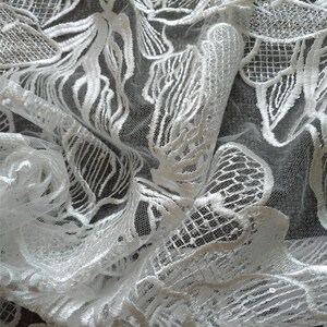 May include: White lace fabric with a floral pattern. The lace is delicate and intricate, with a soft, flowing texture.
